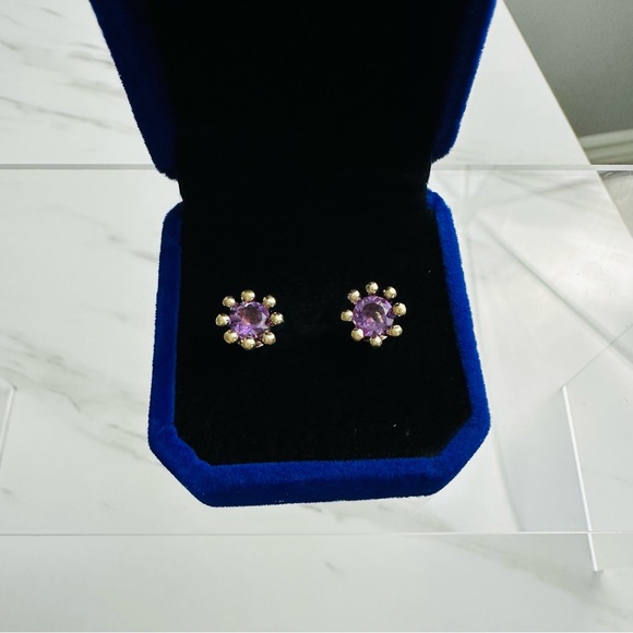 Gold Over Sterling Silver Amethyst Stud Earrings – Vintage Floral Design - Picture 6 of 12
